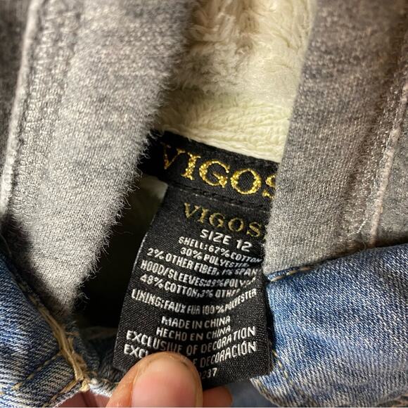 Vigoss Girl's Hooded Jean Denim Jacket Patches sz 12 - Picture 3 of 6